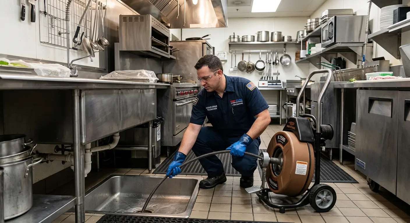 Commercial drain cleaning service in a restaurant kitchen in Hollywood