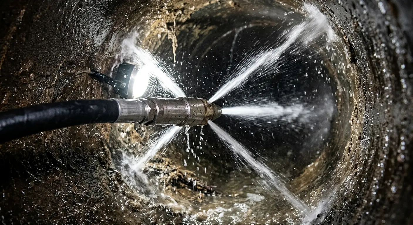 High-pressure hydro jetting nozzle cleaning sewer pipe for Emergency Drain Service in Hollywood